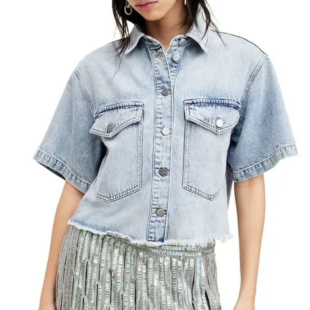 AllSaints Light Blue Denim Tove Crop Shirt Large